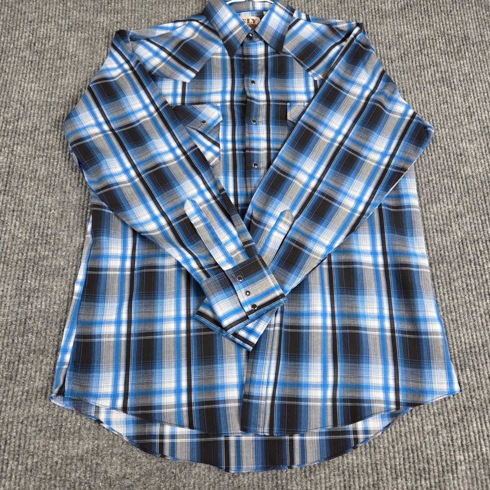 ELY CATTLEMAN Mens Long Sleeve Plaid Snap Button Western Shirt Size L Blue Black